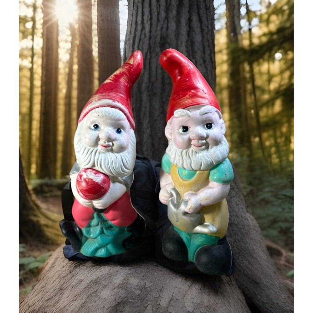 Set Of 2 Vintage Ceramic Garden Gnome Dwarfs with Ball and Watering Can 12” Tall